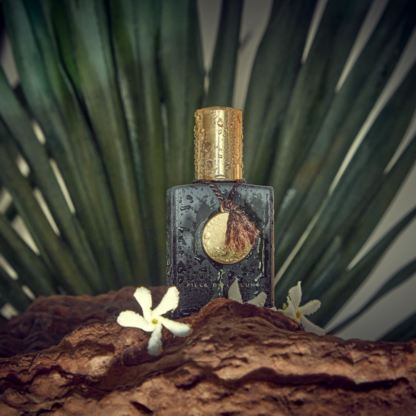 MATTE BLACK GLASS BOTTLE WITH SHINY GOLD CAP. GOLD METAL DISC HANGING FROM BOTTLE NECK ON A TAUPE SILK STRING. WRITING ON BOTTLE IN GOLD READS FILLE DE LA LUNE ASTRID. BOTTLE IS ON TOP OF BROWN ROCK LIKE SUBSTANCE. THERE ARE 3 WHITE FLOWERS IN FRONT OF THE PERFUME BOTTLE AND THE BACKDROP IS A PALM TREE FAN.